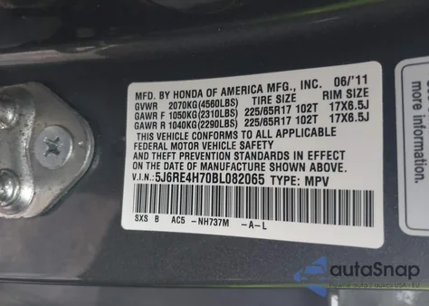 2011 Honda Cr-V Exl from USA, damaged, VIN 5J6RE4H70BL082065